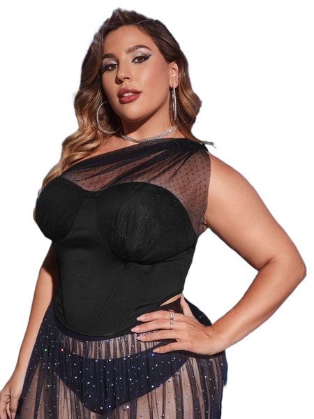 

plus one shoulder contrast mesh without skirt 52ky#, Black