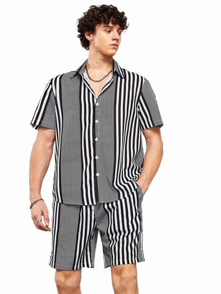 

men vertical striped shirt & shorts s17f#, Gray