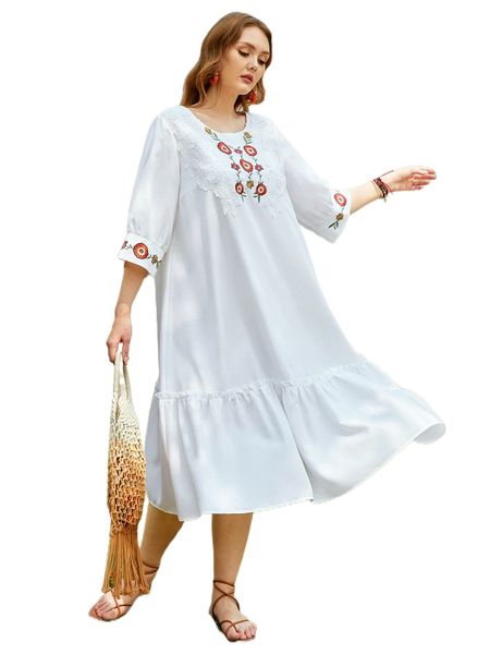 

plus floral embroidery contrast guipure lace ruffle hem dress t7s7#, Black