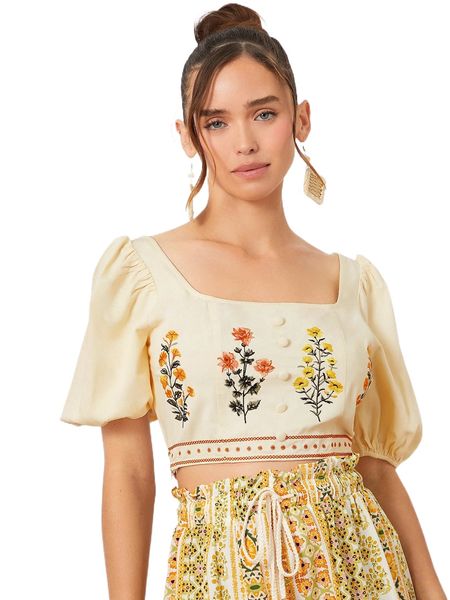 

floral embroidery puff sleeve crop blouse g1rk#, White