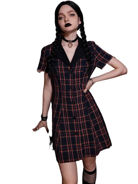 

romwe dark academia tartan button front dress d4fo#, Black;gray