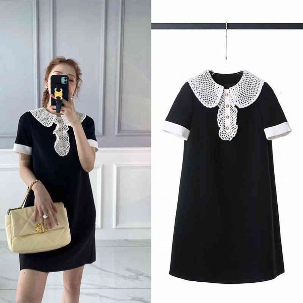 

casual dresses p495565bj  home triacetic acid 68 lotus leaf heavy industry hand crocheted lace short sleeve doll neck dress, Black;gray