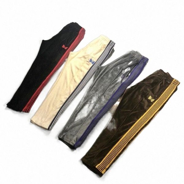 

awge x needles pants men women casual awge x needles sweatpants 19ss narrow velour butterfly embroidery trousers 72or#, Black