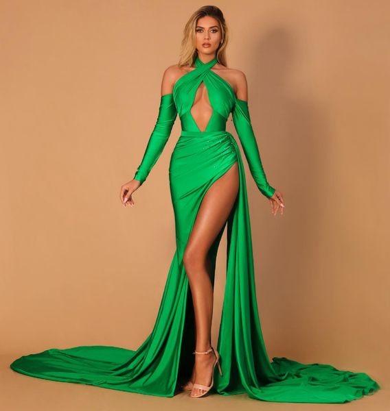 

green long sleeves mermaid prom dresses deep v neckline side split evening gowns black girl satin sweep train plus size formal dress