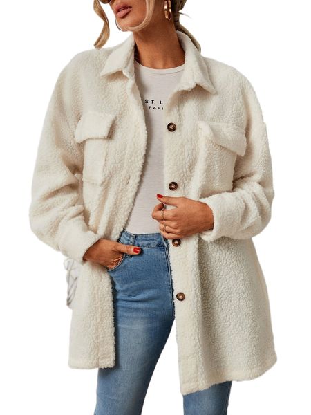 

flap pocket button front teddy coat s7n9#, Black