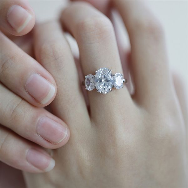 Anel de venda superior para mulher 925 esterlina de prata de prata anel oval branco 5a cúbico zircônia diamante eternidade mulheres noiva anéis de casamento jóias com caixa tamanho 6-10
