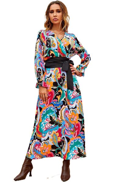 

floral print belted dress v4di#, Black;gray