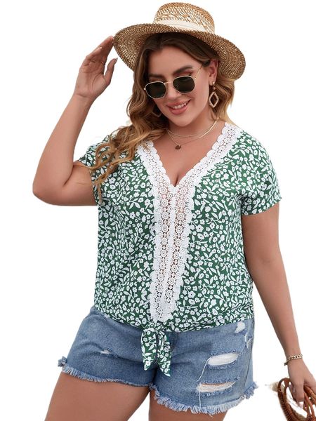 

plus ditsy floral print guipure lace panel knot hem blouse v7um#, Black