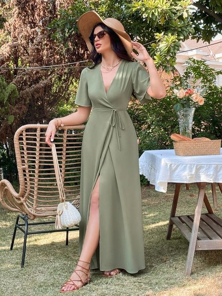 

split butterfly sleeve wrap tie side maxi dress p35z#, Black;gray