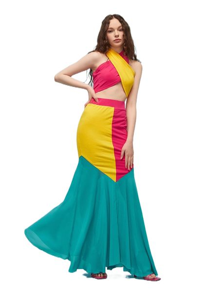 

x akromas color block tie backless crop halter & mermaid hem skirt b1ic#, White