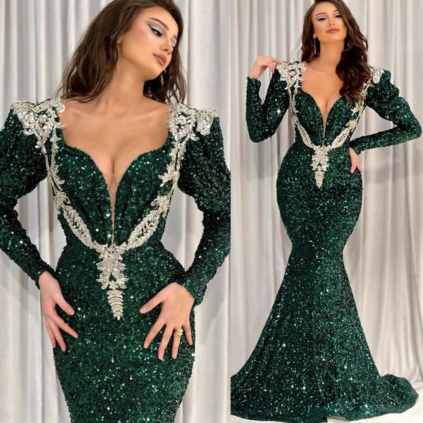 2022 Plus Tamanho Árabe Aso Ebi Vestidos de baile de sereia verde escura de renda para a noite brilhante festa formal segunda recepção Vestidos de noivado de aniversário ZJ273