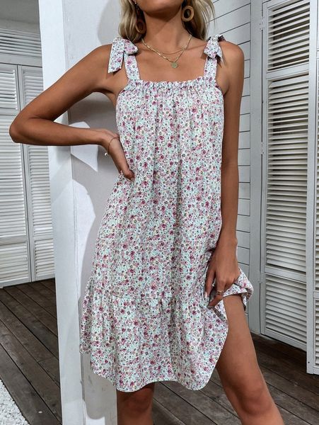 

ditsy floral print tie shoulder ruffle hem cami dress m4bq#, Black;gray