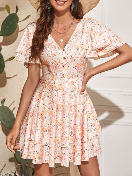 

allover floral print butterfly sleeve layered hem dress 46tx#, Black;gray