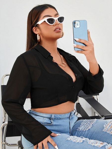 

plus button up crop blouse without bra h1mz#, Black