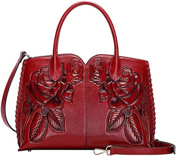 

007-genuine leather flower embossed effect ladies floral handbags and purses women handle satchel handbag tote bags, Black;white
