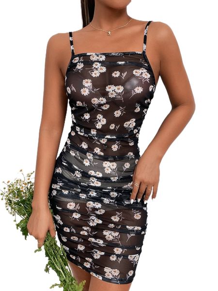 

floral print ruched mesh bodycon dress without lingerie c7qc#, Black;gray