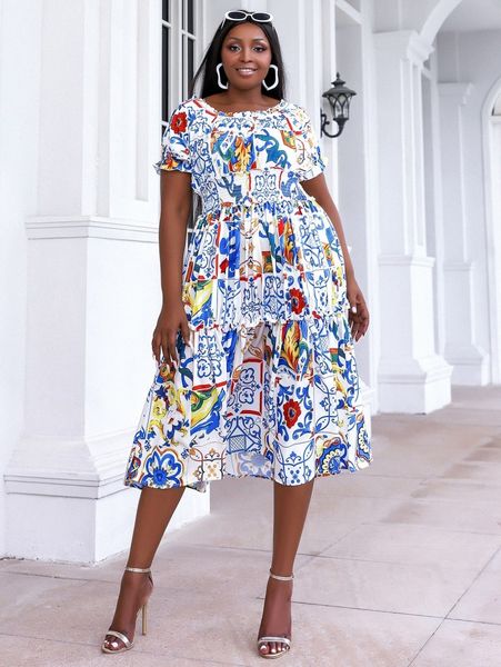 

seomiscky plus scroll and floral print shirred frilled flounce sleeve ruffle hem dress u4i1#, Black