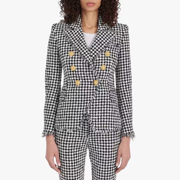 

b048 womens suits & blazers tide brand high-quality retro fashion designer classic plaid tweed tassel suit jacket lion double-breasted slim, White;black