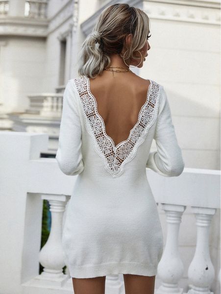 

guipure lace trim open back sweater dress n68b#, White;black