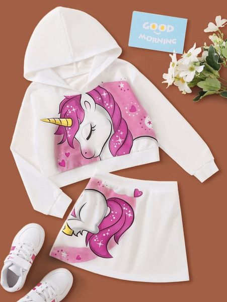 

toddler girls unicorn print hoodie & skirt she, White