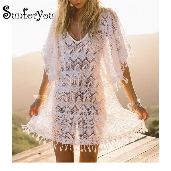 Spitze Strand Cover Up Quaste Badeanzug Cover Ups Vestido Playa Häkeln Saida de Praia Cover Up Kaftan Bikinis Hemd Badeanzug T200324