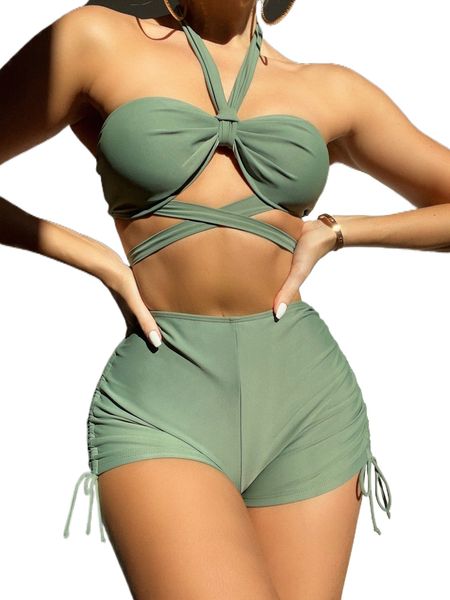 

plain wrap drawstring bikini swimsuit j8hc#, White;black