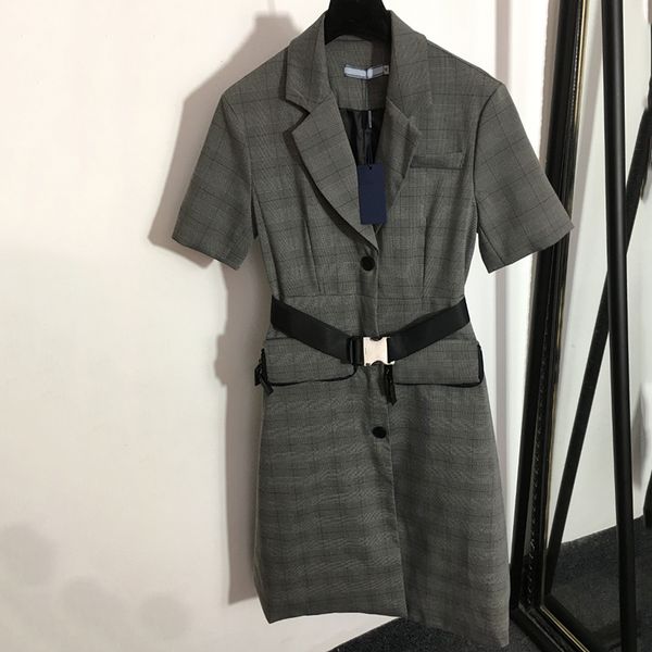 Mode Kurzarm Blazer Kleider Trendy Pocket Designer Röcke graue Lappelhals Mädchen Kleid