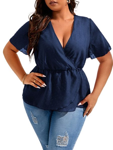 

plus swiss dot wrap v neck blouse d9az#, Black