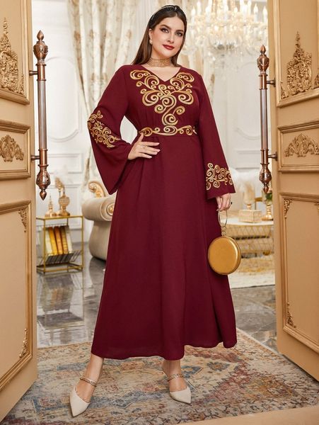 

plus embroidery flounce sleeve tie back dress u3hg#, Black