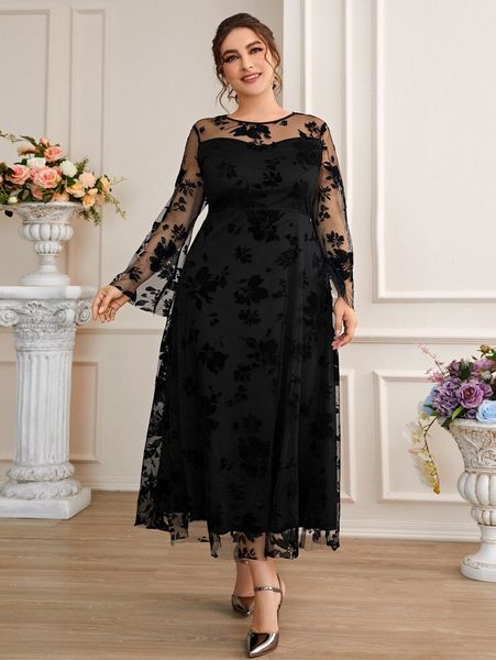 

plus floral mesh overlay dress 97oq#, Black