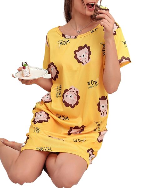 

slogan & cartoon graphic night dress 3437#, Black;red