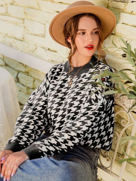 

simplee drop shoulder houndstooth pattern sweater r5cr#, White;black