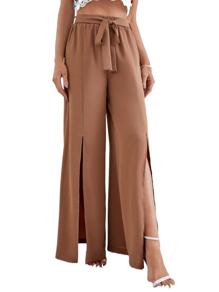 

split belted wide leg pants l8yo#, Black;white