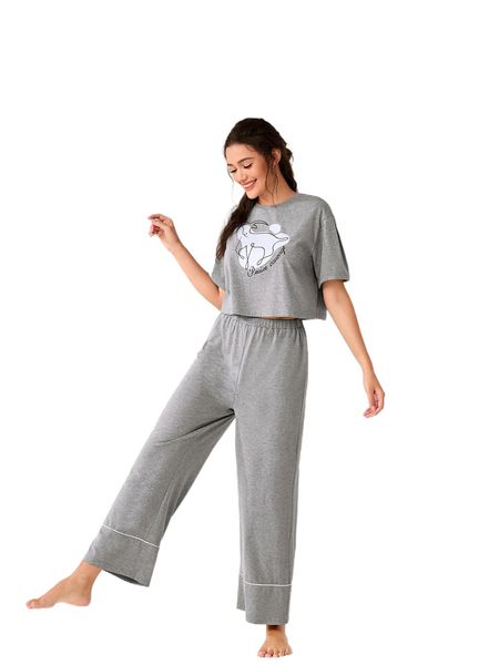

letter graphic tee & pants pj set b0zk#, Black;red