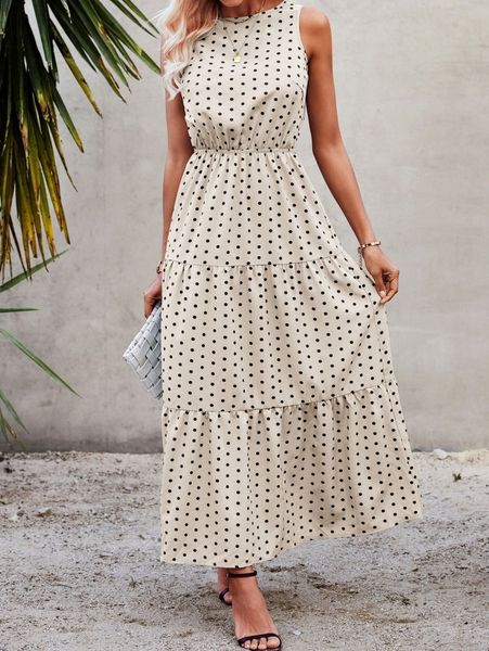 

polka dot sleeveless ruffle hem a-line dress a1jk#, Black;gray