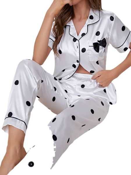 

polka dot bow detail contrast piping satin pj set 85bl#, Black;red