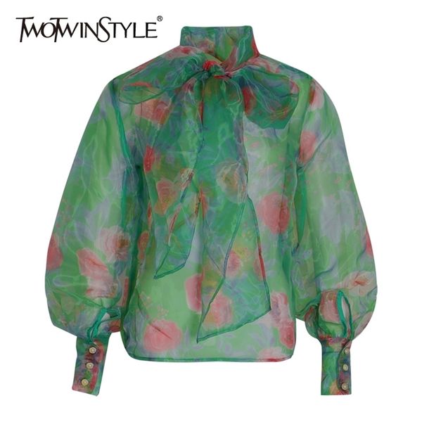 

twotwinstyle bohemian print women's shirts stand collar lantern long sleeve lace up female shirt blouse female fashion 210308, White