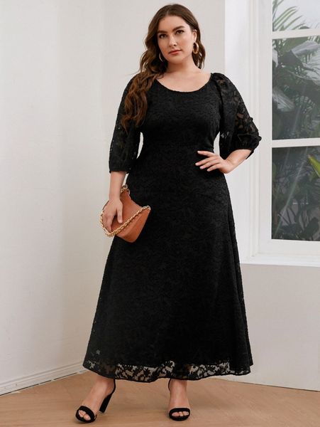 

plus lantern sleeve flocked mesh overlay dress i3as#, Black