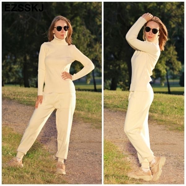 

turtleneck sweater 2 pieces set 2020 women chic knitted pullover sweater pants jumper trousers sweater suits lj201125, White