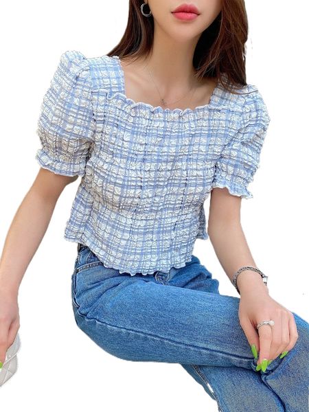 

dazy plaid print puff sleeve lettuce trim blouse f3rm#, White