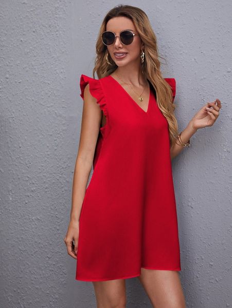 

ruffle armhole solid tunic dress y2ko#, Black;gray