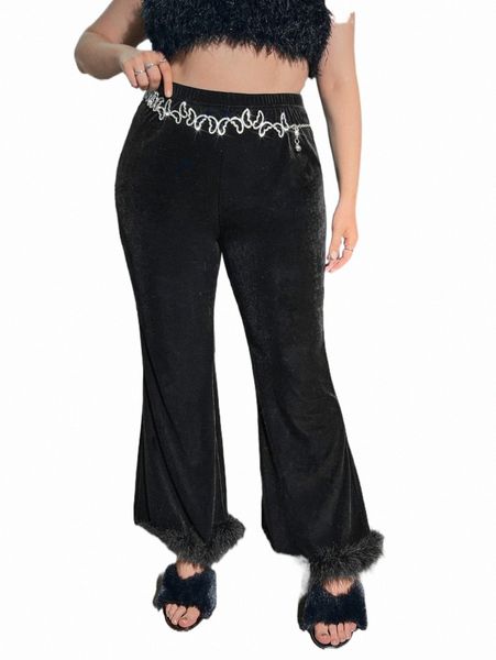 

plus fuzzy trim velvet flare leg pants without belt 13ig#, Black
