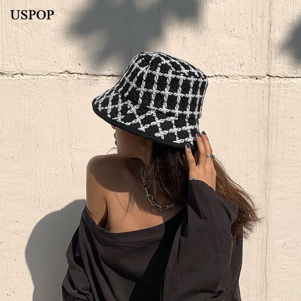 

uspop autumn winter women bucket hats tweed plaid wide brim bucket hats panama hats 220325, Blue;gray