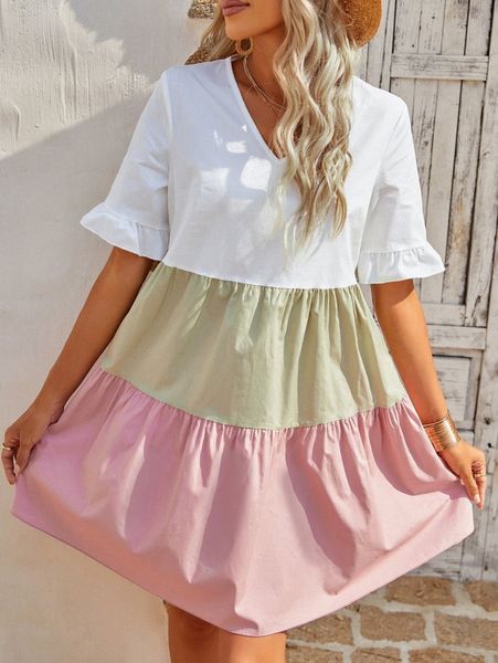 

color block flounce cuff ruffle hem smock dress 44cp#, Black;gray