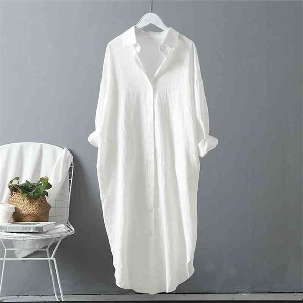 

casual office ladies shirts korean fashion long sleeve women blouses cotton linen turn-down collar blue white long shirt 210326
