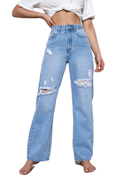 

zipper fly ripped straight leg jeans l22p#, Blue
