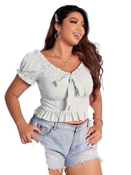 

plus gingham print frill trim knot front peplum blouse b5nn#, Black