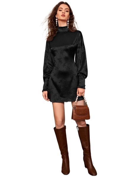 

floral jacquard flounce sleeve dress 37oz#, Black;gray
