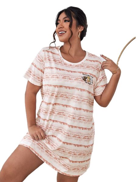 

plus cartoon & letter graphic tie dye nightdress e18x#, Black;white