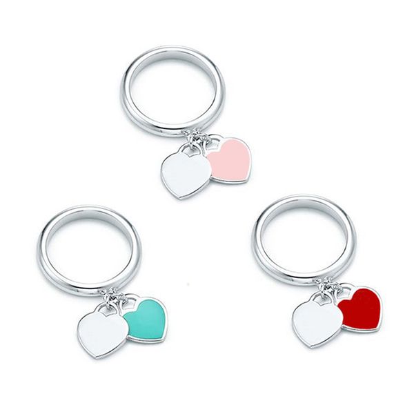 Klassischer Original-Silberring mit doppeltem Herz, rosa, blau, rot, Buchstabenringe, Paarschmuck, modischer herzförmiger Ring